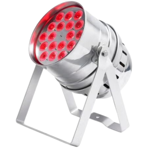 1607947217irled64-18x3t.jpg-removebg-preview Tacho PAR LED 64 profesional modelo LED64-18x3TCss. Equipado con 18 LEDs tricolor de 3W (RGB 3 en 1), ofreciendo una potencia de 54W. Carcasa de acero cromado (silver). Foco programable con modos DMX 3/7 canales, automático, activación por sonido y maestro/esclavo. Ideal para iluminación de escenarios, paredes, arquitectura y discotecas que necesitan colores intensos y sin sombras de color.