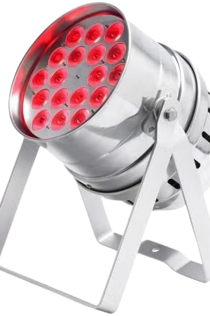 Tacho PAR LED 64 profesional modelo LED64-18x3TCss. Equipado con 18 LEDs tricolor de 3W (RGB 3 en 1), ofreciendo una potencia de 54W. Carcasa de acero cromado (silver). Foco programable con modos DMX 3/7 canales, automático, activación por sonido y maestro/esclavo. Ideal para iluminación de escenarios, paredes, arquitectura y discotecas que necesitan colores intensos y sin sombras de color.