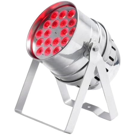 1607947217irled64-18x3t.jpg-removebg-preview Tacho PAR LED 64 profesional modelo LED64-18x3TCss. Equipado con 18 LEDs tricolor de 3W (RGB 3 en 1), ofreciendo una potencia de 54W. Carcasa de acero cromado (silver). Foco programable con modos DMX 3/7 canales, automático, activación por sonido y maestro/esclavo. Ideal para iluminación de escenarios, paredes, arquitectura y discotecas que necesitan colores intensos y sin sombras de color.