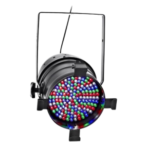 Tacho PAR-64 LED MKII RGBW con carcasa de aluminio negro. Foco de iluminación profesional equipado con 183 LEDs de 10mm (aproximadamente) de alta densidad, combinando los colores Rojo, Verde, Azul y Blanco (RGBW). Ofrece una cobertura de luz suave y amplia (wash effect). Controlable vía DMX (canales 4/8), automático y por sonido. Ideal para teatros, iluminación de fondo (backlight) y uso en instalaciones fijas o alquiler.