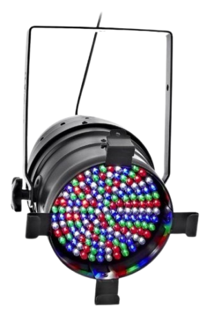 Tacho PAR-64 LED MKII RGBW con carcasa de aluminio negro. Foco de iluminación profesional equipado con 183 LEDs de 10mm (aproximadamente) de alta densidad, combinando los colores Rojo, Verde, Azul y Blanco (RGBW). Ofrece una cobertura de luz suave y amplia (wash effect). Controlable vía DMX (canales 4/8), automático y por sonido. Ideal para teatros, iluminación de fondo (backlight) y uso en instalaciones fijas o alquiler.