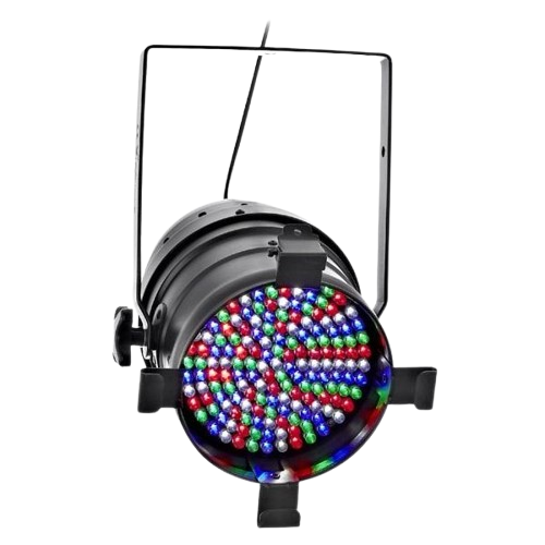 Tacho PAR-64 LED MKII RGBW con carcasa de aluminio negro. Foco de iluminación profesional equipado con 183 LEDs de 10mm (aproximadamente) de alta densidad, combinando los colores Rojo, Verde, Azul y Blanco (RGBW). Ofrece una cobertura de luz suave y amplia (wash effect). Controlable vía DMX (canales 4/8), automático y por sonido. Ideal para teatros, iluminación de fondo (backlight) y uso en instalaciones fijas o alquiler.