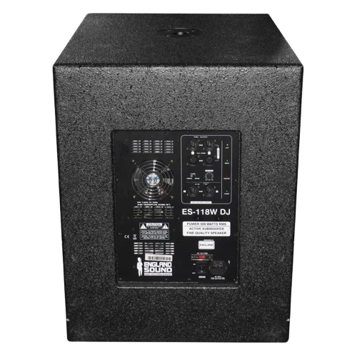 76-removebg-preview Subwoofer activo England Sound ES-118W DJ. Caja acústica negra con acabado texturizado, panel trasero con amplificador integrado de 220 Watts (RMS), entradas, controles de volumen/crossover y ventilador de refrigeración. Ideal para aplicaciones de DJ y sonido profesional que requieren graves potentes y de alta calidad.