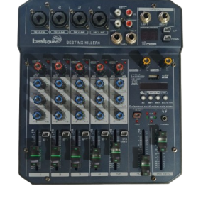 795f793d-d2d8-406f-b263-cdb945f2c64c-removebg-preview Consola de mezcla de audio pasiva BEST SOUND MX-KILLER6 de 6 canales (4 MIC/LINE + 1 ESTÉREO). Mesa de mezclas compacta con conectividad USB, Bluetooth e interfaz para PC. Incluye Phantom Power de +48V, Ecualizador de 2 bandas por canal y 16 efectos DSP incorporados. Ideal para grabación en casa, karaoke, podcasting y presentaciones en vivo de pequeño formato.