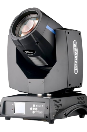 Cabeza móvil robótica BEAM 230W 7R de alta intensidad con lámpara Philips o equivalente de 230 Watts. Produce un potente haz concentrado (beam) ideal para grandes escenarios, discotecas y conciertos. Incluye 14 gobos estáticos, 14 colores dicroicos, prisma rotatorio de 8 caras y enfoque electrónico. Control profesional vía DMX con movimientos PAN/TILT rápidos y precisos. Foco de iluminación indispensable para efectos aéreos y visuales de largo alcance.
