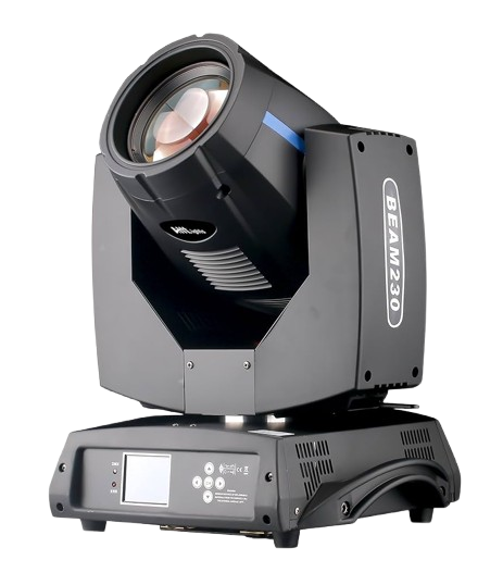 81LILl4neCL._UF894_1000_QL80_-removebg-preview Cabeza móvil robótica BEAM 230W 7R de alta intensidad con lámpara Philips o equivalente de 230 Watts. Produce un potente haz concentrado (beam) ideal para grandes escenarios, discotecas y conciertos. Incluye 14 gobos estáticos, 14 colores dicroicos, prisma rotatorio de 8 caras y enfoque electrónico. Control profesional vía DMX con movimientos PAN/TILT rápidos y precisos. Foco de iluminación indispensable para efectos aéreos y visuales de largo alcance.