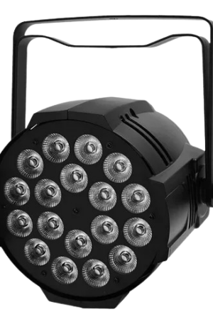 Tachos PAR LED profesionales de alta potencia con 18 LEDs de 12W cada uno, totalizando 216W. Equipados con tecnología 6-en-1 (RGBWA+UV) que combina colores Rojo, Verde, Azul, Blanco, Ámbar y Ultravioleta. Focos controlables vía DMX, con modos automático y por sonido. Ideales para iluminación de escenarios, teatros, arquitectura y efectos de luz negra (UV) profesional. Carcasa robusta y disipación eficiente de calor.
