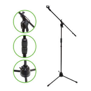 Pedestal profesional para micrófono Kebler B14046 de altura media, ideal para uso en mesa o para amplificadores de instrumentos (micrófono de bombo/batería). Soporte de trípode bajo tipo tijera, ajustable y plegable, con acabado en color negro. Perfecto para estudio, grabaciones de voz e instrumentos que requieren un micrófono cercano al suelo o a fuentes de sonido de baja altura.