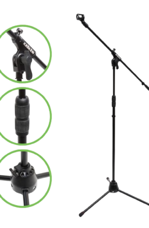 Pedestal profesional para micrófono Kebler B14046 de altura media, ideal para uso en mesa o para amplificadores de instrumentos (micrófono de bombo/batería). Soporte de trípode bajo tipo tijera, ajustable y plegable, con acabado en color negro. Perfecto para estudio, grabaciones de voz e instrumentos que requieren un micrófono cercano al suelo o a fuentes de sonido de baja altura.