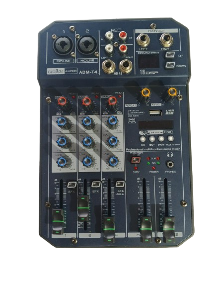 Grober Consola de mezcla de audio pasiva Grober ADM-T4 de 4 canales (2 mono/micrófono y 1 estéreo). Mesa compacta con interface USB para reproducción/grabación, conectividad Bluetooth y pantalla LCD. Dispone de Ecualizador de 3 bandas por canal, alimentación Phantom Power de +48V y efectos Delay o Reverb incorporados. Perfecta para músicos, estudios portátiles y creación de contenido.