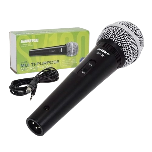 MICROFONO-VOCAL-SV100-SHURE-3-removebg-preview Micrófono vocal dinámico Shure SV100 con patrón polar cardioide para reducir la retroalimentación. Ideal para karaoke, presentaciones, discursos y grabaciones de voz. Incluye cable XLR a Jack de 1/4" y switch de encendido/apagado. Ofrece una reproducción de voz clara y un diseño robusto, siendo una opción versátil y económica para principiantes.