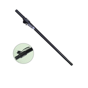 Pedestal o poste de extensión Kebler Pro B14025 para montar altavoces satélite sobre subwoofers (sub-bajo). Soporte de acero negro, ajustable en altura hasta 125 cm, con un diámetro estándar de 35 mm. Diseñado para una capacidad de carga máxima de 50 Kg (110 Lbs). Accesorio profesional esencial para sistemas de sonido PA apilados.