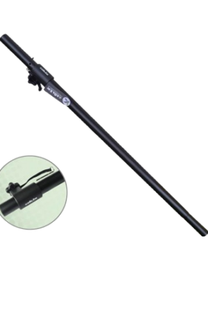 Pedestal o poste de extensión Kebler Pro B14025 para montar altavoces satélite sobre subwoofers (sub-bajo). Soporte de acero negro, ajustable en altura hasta 125 cm, con un diámetro estándar de 35 mm. Diseñado para una capacidad de carga máxima de 50 Kg (110 Lbs). Accesorio profesional esencial para sistemas de sonido PA apilados.