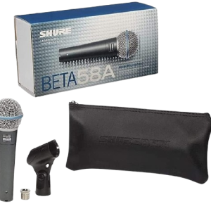 SHURE-BETA-58A-removebg-preview Micrófono vocal dinámico profesional Shure BETA 58A original con patrón polar supercardioide apretado. Ofrece un aislamiento superior de otras fuentes de sonido y máxima ganancia antes de la retroalimentación. Respuesta de frecuencia optimizada para voces, ideal para vocalistas principales en escenarios profesionales, conciertos y giras. Incluye rejilla de acero templado y adaptador de pedestal. Es el estándar de la industria para el rendimiento vocal en vivo.
