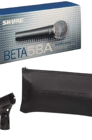 Micrófono vocal dinámico profesional Shure BETA 58A original con patrón polar supercardioide apretado. Ofrece un aislamiento superior de otras fuentes de sonido y máxima ganancia antes de la retroalimentación. Respuesta de frecuencia optimizada para voces, ideal para vocalistas principales en escenarios profesionales, conciertos y giras. Incluye rejilla de acero templado y adaptador de pedestal. Es el estándar de la industria para el rendimiento vocal en vivo.