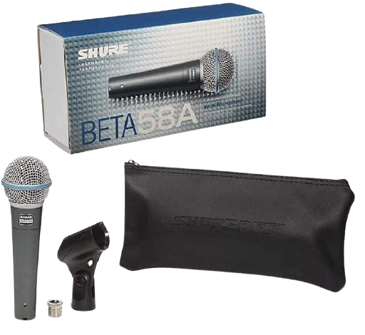 SHURE-BETA-58A-removebg-preview Micrófono vocal dinámico profesional Shure BETA 58A original con patrón polar supercardioide apretado. Ofrece un aislamiento superior de otras fuentes de sonido y máxima ganancia antes de la retroalimentación. Respuesta de frecuencia optimizada para voces, ideal para vocalistas principales en escenarios profesionales, conciertos y giras. Incluye rejilla de acero templado y adaptador de pedestal. Es el estándar de la industria para el rendimiento vocal en vivo.