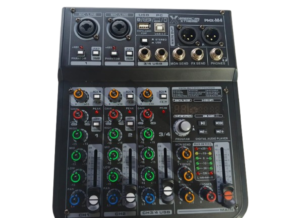 WhatsApp_Image_2025-10-03_at_19.01.36-removebg-preview Mezcladora de audio pasiva de 4 canales PMX-M4. Consola multifunción compacta con interface USB para conexión a PC (grabación/streaming) y conectividad Bluetooth. Incluye Ecualizador de 3 bandas por canal, alimentación Phantom Power de +48V y DSP con 99 efectos. Ideal para estudios caseros, transmisiones en vivo, podcasts, karaoke y pequeños eventos.