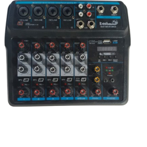 WhatsApp_Image_2025-10-03_at_19.01.36__1_-removebg-preview Consola de mezcla analógica BEST SOUND MX-ATOMIC6 de 6 canales (4 mono MIC/LINE + 1 estéreo). Mesa compacta con interfaz USB para conexión a PC, reproductor MP3 integrado y conectividad Bluetooth. Incluye alimentación Phantom Power de +48V, Ecualizador de 2 bandas por canal, control de efectos Delay y Repeat (Eco), y salidas Jack 1/4" y RCA. Ideal para podcasting, karaoke y amplificación de pequeños eventos.