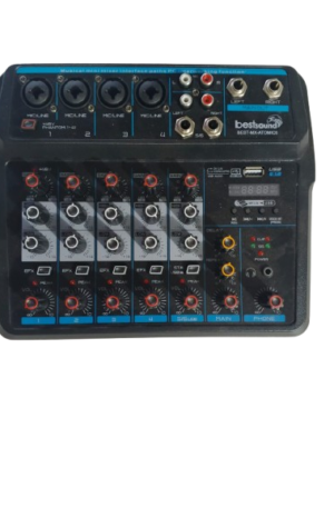 Consola de mezcla analógica BEST SOUND MX-ATOMIC6 de 6 canales (4 mono MIC/LINE + 1 estéreo). Mesa compacta con interfaz USB para conexión a PC, reproductor MP3 integrado y conectividad Bluetooth. Incluye alimentación Phantom Power de +48V, Ecualizador de 2 bandas por canal, control de efectos Delay y Repeat (Eco), y salidas Jack 1/4" y RCA. Ideal para podcasting, karaoke y amplificación de pequeños eventos.