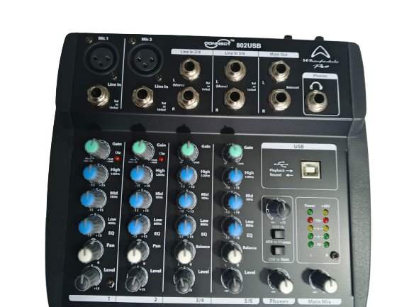 Mesa de mezclas compacta Wharfedale Pro CONNECT 802 USB de 6 canales (2 mono MIC/LINE y 2 estéreo). Consola analógica de bajo ruido con interfaz USB integrada para grabación estéreo y reproducción. Incluye Ecualizador de 3 bandas por canal, alimentación Phantom Power de +48V y entrada/salida RCA. Acabado en color negro, ideal para pequeños estudios, podcasting y músicos.
