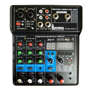 WhatsApp_Image_2025-10-03_at_19.26.28-removebg-preview Consola de mezcla profesional England Sound ES-BALANCE 4L de 4 canales con diseño compacto y salidas balanceadas. Mezcladora analógica con Ecualizador de 3 bandas por canal, control de envío AUX, y alimentación Phantom Power de +48V para micrófonos de condensador. Ideal para estudios caseros, podcasts, y uso en vivo que requiere una calidad de audio de baja interferencia.