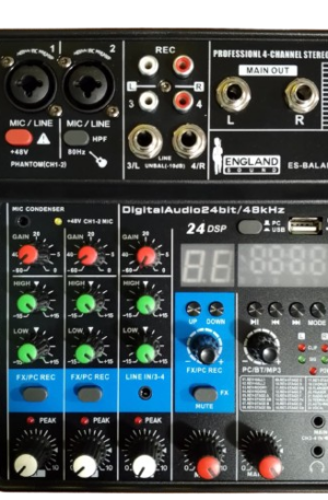 Consola de mezcla profesional England Sound ES-BALANCE 4L de 4 canales con diseño compacto y salidas balanceadas. Mezcladora analógica con Ecualizador de 3 bandas por canal, control de envío AUX, y alimentación Phantom Power de +48V para micrófonos de condensador. Ideal para estudios caseros, podcasts, y uso en vivo que requiere una calidad de audio de baja interferencia.