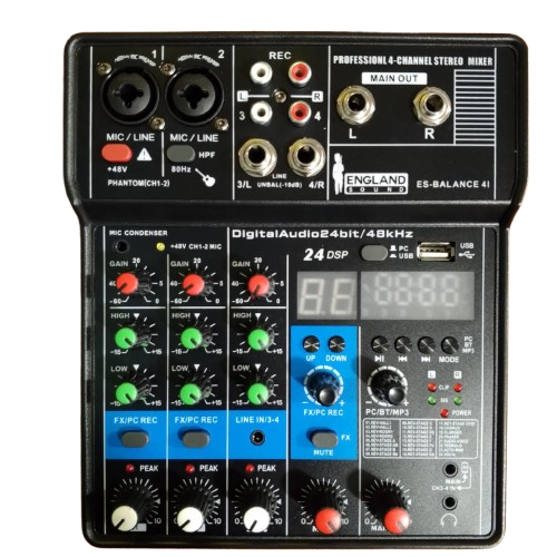 WhatsApp_Image_2025-10-03_at_19.26.28-removebg-preview Consola de mezcla profesional England Sound ES-BALANCE 4L de 4 canales con diseño compacto y salidas balanceadas. Mezcladora analógica con Ecualizador de 3 bandas por canal, control de envío AUX, y alimentación Phantom Power de +48V para micrófonos de condensador. Ideal para estudios caseros, podcasts, y uso en vivo que requiere una calidad de audio de baja interferencia.