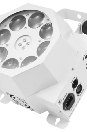 oco proyector SPOT LED MAGNUM 83 GOBO WHITE (Blanco). Cabezal de iluminación con 8 gobos estáticos y giratorios y 8 diodos LED de 3W RGBW (4 en 1). Consumo de 35W, controlable vía DMX de 8 canales y modo Control de Sonido. Carcasa compacta de aluminio blanco, ideal para DJs, escenarios y efectos de discoteca que requieren patrones claros y luz estroboscópica.