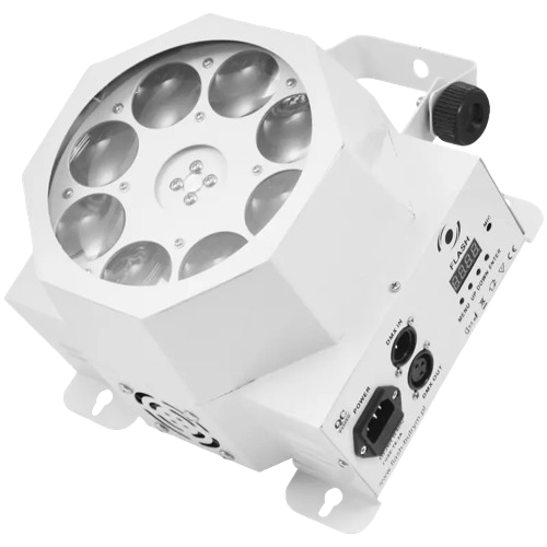 oco proyector SPOT LED MAGNUM 83 GOBO WHITE (Blanco). Cabezal de iluminación con 8 gobos estáticos y giratorios y 8 diodos LED de 3W RGBW (4 en 1). Consumo de 35W, controlable vía DMX de 8 canales y modo Control de Sonido. Carcasa compacta de aluminio blanco, ideal para DJs, escenarios y efectos de discoteca que requieren patrones claros y luz estroboscópica.