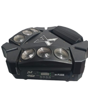 Luz LED Robótica Mini Spider Beam AX-PL93S (American Xtreme) de 3 cabezales móviles independientes. Equipada con 9 LEDs CREE de 12W RGBW (4 en 1). Ofrece rotación en eje X (PAN) infinita y en eje Y (TILT) de 180°. Múltiples modos de funcionamiento: DMX, Automático, Sonido y Maestro/Esclavo. Potencia total de 110W. Ideal para DJs, discotecas, escenarios y efectos de iluminación dinámica de alto impacto.