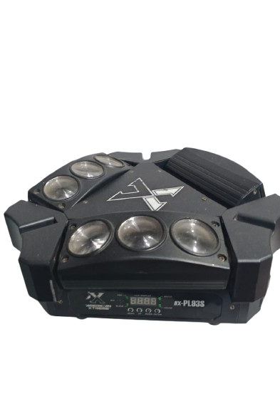 luz1-removebg-preview Luz LED Robótica Mini Spider Beam AX-PL93S (American Xtreme) de 3 cabezales móviles independientes. Equipada con 9 LEDs CREE de 12W RGBW (4 en 1). Ofrece rotación en eje X (PAN) infinita y en eje Y (TILT) de 180°. Múltiples modos de funcionamiento: DMX, Automático, Sonido y Maestro/Esclavo. Potencia total de 110W. Ideal para DJs, discotecas, escenarios y efectos de iluminación dinámica de alto impacto.