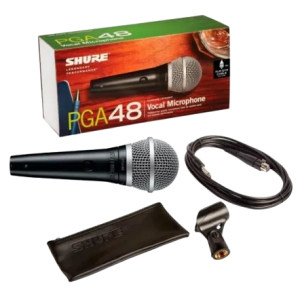 microfono-shure-pg48-removebg-preview Micrófono dinámico vocal Shure PGA48 de la serie PG ALTA, diseñado para la reproducción de voz clara y discursos. Posee un patrón polar cardioide para un excelente rechazo fuera del eje y mínima retroalimentación. Incluye rejilla negra metálica, adaptador para pedestal y bolsa con cierre. Micrófono ideal para karaoke, presentaciones habladas y refuerzo de sonido en aplicaciones de palabra.