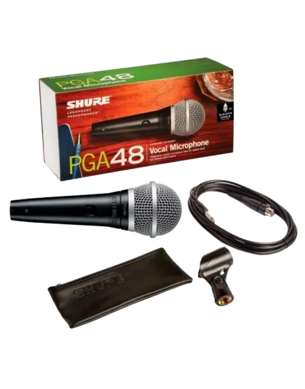 microfono-shure-pg48-removebg-preview Micrófono dinámico vocal Shure PGA48 de la serie PG ALTA, diseñado para la reproducción de voz clara y discursos. Posee un patrón polar cardioide para un excelente rechazo fuera del eje y mínima retroalimentación. Incluye rejilla negra metálica, adaptador para pedestal y bolsa con cierre. Micrófono ideal para karaoke, presentaciones habladas y refuerzo de sonido en aplicaciones de palabra.