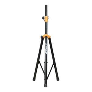 Pedestal o soporte de trípode metálico American Xtreme SB-16 para parlantes o cajas acústicas. Fabricado en acero reforzado y ajustable en altura con sistema de pasador de seguridad. Ideal para montar altavoces PA de hasta 35 Kg, con un tubo estándar de 35 mm de diámetro. Accesorio indispensable para eventos en vivo, DJs y sonido profesional.