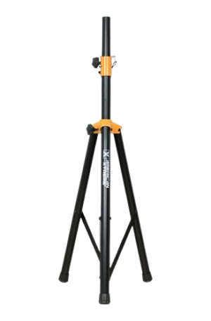 Pedestal o soporte de trípode metálico American Xtreme SB-16 para parlantes o cajas acústicas. Fabricado en acero reforzado y ajustable en altura con sistema de pasador de seguridad. Ideal para montar altavoces PA de hasta 35 Kg, con un tubo estándar de 35 mm de diámetro. Accesorio indispensable para eventos en vivo, DJs y sonido profesional.