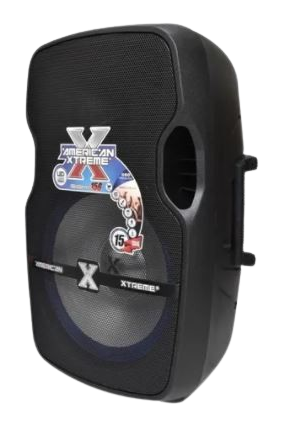 Caja amplificada portátil American Xtreme Sigma 156B con woofer de 15 pulgadas. Potencia P.M.P.O de 50000W (180W RMS), carcasa de plástico negra con rejilla protectora y asas laterales integradas. Conectividad Bluetooth, USB/SD, Radio FM y Ecualizador Gráfico de 5 bandas. Ideal para karaoke, fiestas y sonido amplificado de alto impacto.