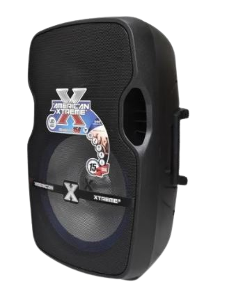 prod_7f227b3da5c594475beab1c412e572e4-removebg-preview Caja amplificada portátil American Xtreme Sigma 156B con woofer de 15 pulgadas. Potencia P.M.P.O de 50000W (180W RMS), carcasa de plástico negra con rejilla protectora y asas laterales integradas. Conectividad Bluetooth, USB/SD, Radio FM y Ecualizador Gráfico de 5 bandas. Ideal para karaoke, fiestas y sonido amplificado de alto impacto.