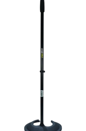 Pedestal para micrófono recto Pro-Lok PMS-500 con base redonda y pesada de hierro fundido para asegurar la estabilidad. Soporte metálico de altura ajustable, diseñado para vocalistas, conferencias y estudios de grabación. Acabado en negro duradero, ideal para escenarios profesionales donde la base trípode no es conveniente.