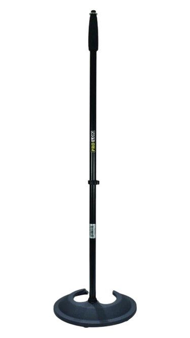 producto_5430_foto_13443_a-removebg-preview Pedestal para micrófono recto Pro-Lok PMS-500 con base redonda y pesada de hierro fundido para asegurar la estabilidad. Soporte metálico de altura ajustable, diseñado para vocalistas, conferencias y estudios de grabación. Acabado en negro duradero, ideal para escenarios profesionales donde la base trípode no es conveniente.