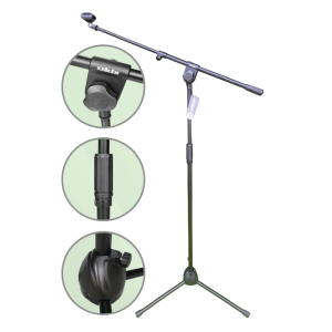 Soporte de micrófono profesional Kebler Pro B14040 tipo jirafa (boom) con base trípode plegable. Estructura ajustable en altura y ángulo, fabricada en metal negro resistente para estudio, escenario o eventos en vivo. Los detalles circulares muestran el sistema de ajuste de la pluma y el mecanismo de bloqueo de la base.