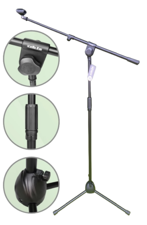 Soporte de micrófono profesional Kebler Pro B14040 tipo jirafa (boom) con base trípode plegable. Estructura ajustable en altura y ángulo, fabricada en metal negro resistente para estudio, escenario o eventos en vivo. Los detalles circulares muestran el sistema de ajuste de la pluma y el mecanismo de bloqueo de la base.