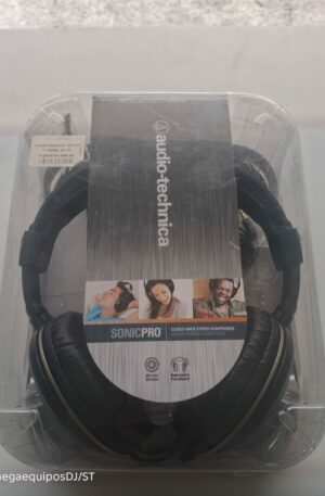 Audífonos Audio-Technica SonicPro ATH-AVC200 en su empaque original transparente, destacando su diseño circumaural negro y diadema ajustable.