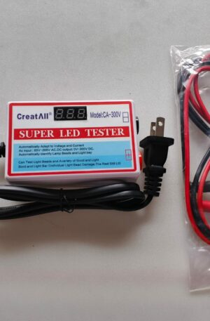 Probador de luces LED CreatAll CA-300V blanco con pantalla digital, incluye puntas de prueba rojas y negras para diagnóstico de pantallas TV.