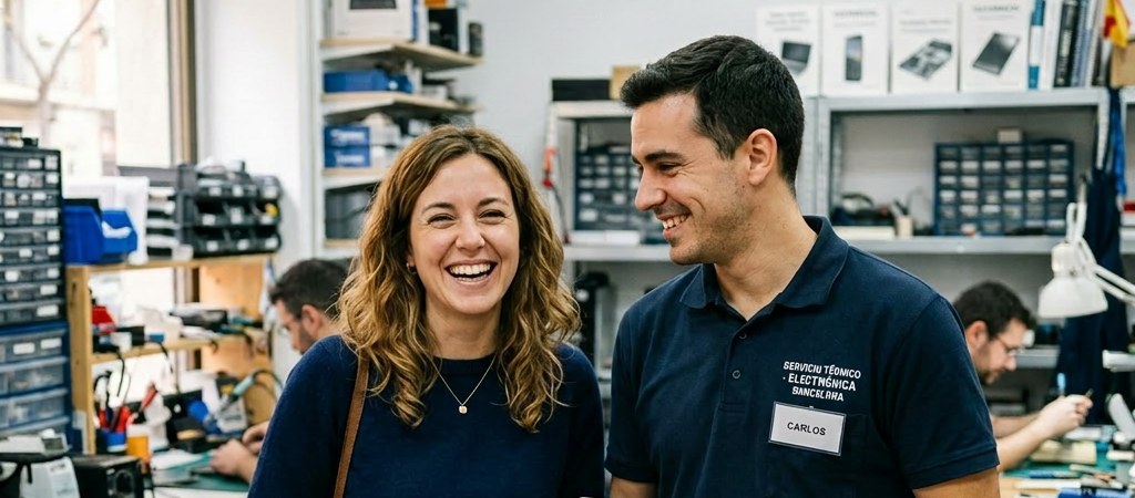 Technician and customer smiling with repaired laptop in electronics service workshop