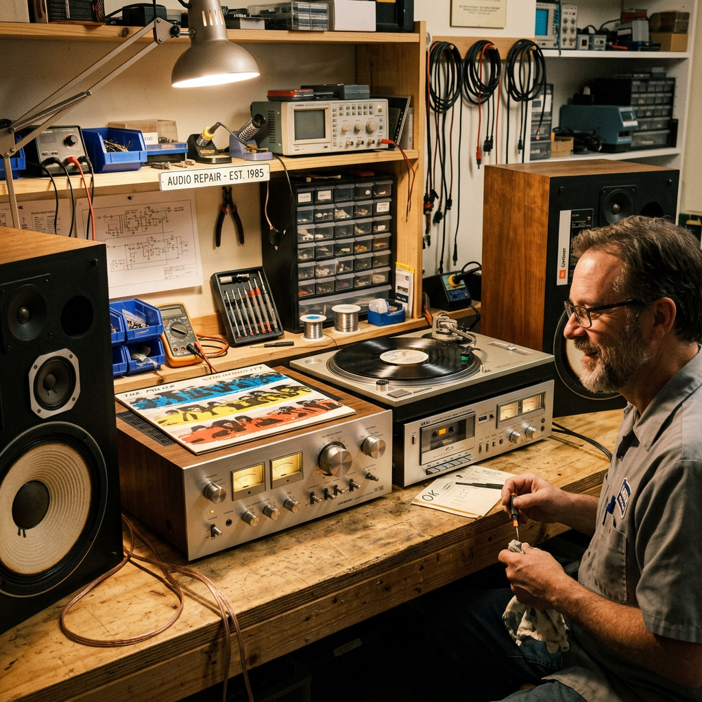 Technician repairing and testing vintage audio equipment with speakers, record player, and tools